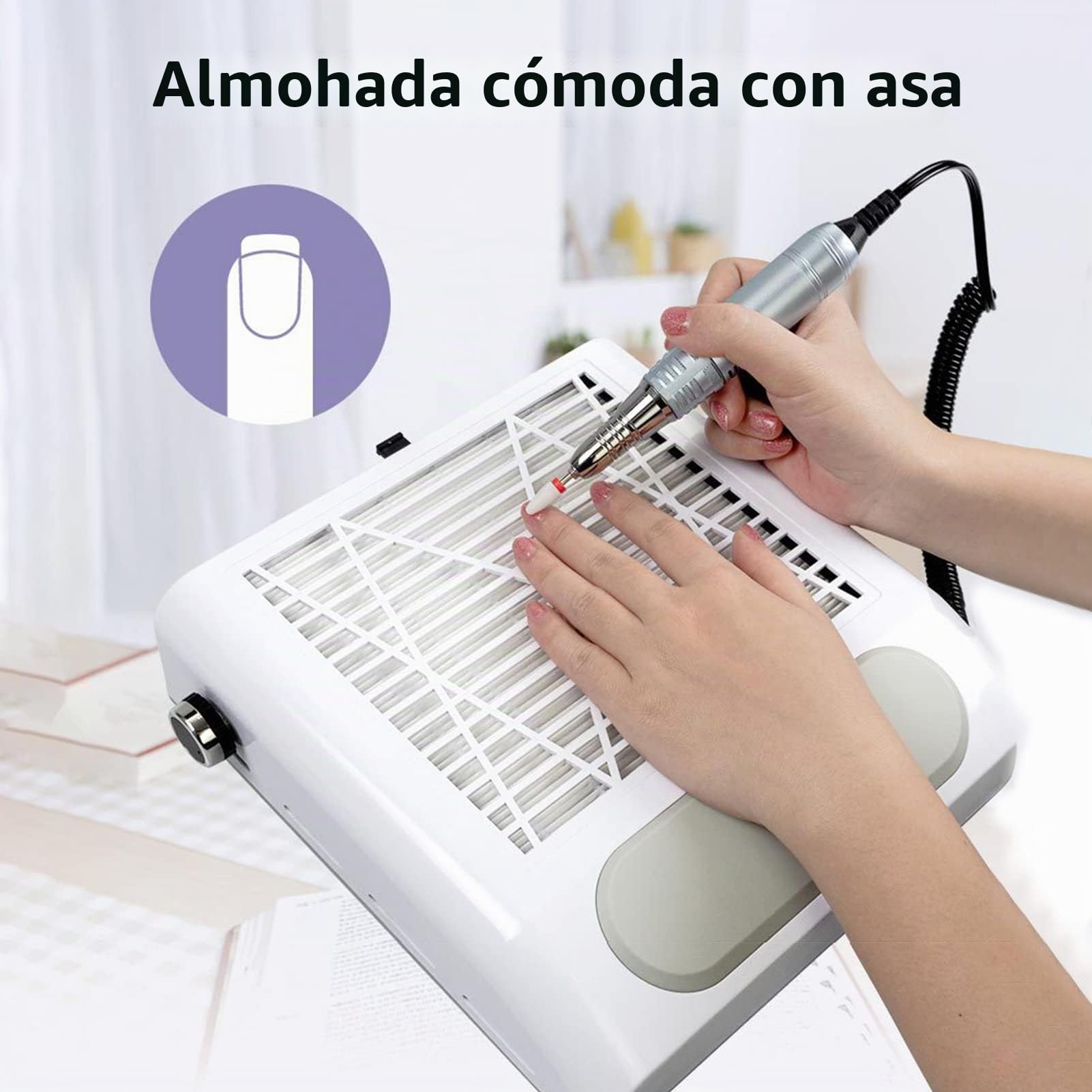 Aspirador de uñas Profesional Acrilico para uñas, 80W Colector de polvo de uñas Aspiradora, 2 niveles de velocidad ajustable, herramienta de salón de arte para uñas con filtro de malla portátil