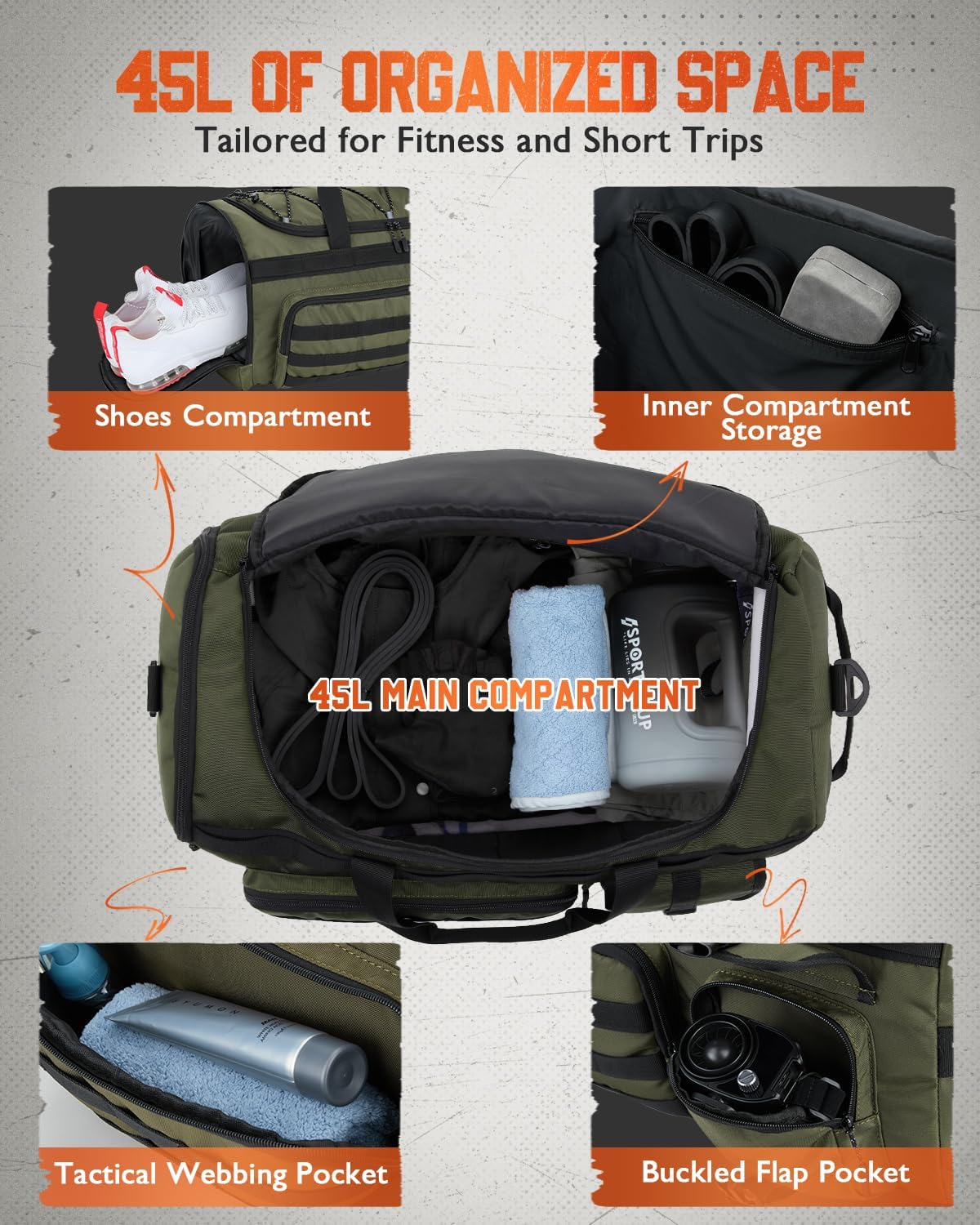 Gonex 45L Duffel Bag for Men, 3 in 1 Convertible Carry Gym Duffle with Shoe Compartment, Tactical Gear Loops, Water-Repellent Lining, Workout & Travel Bag (Army Green) - Image 3