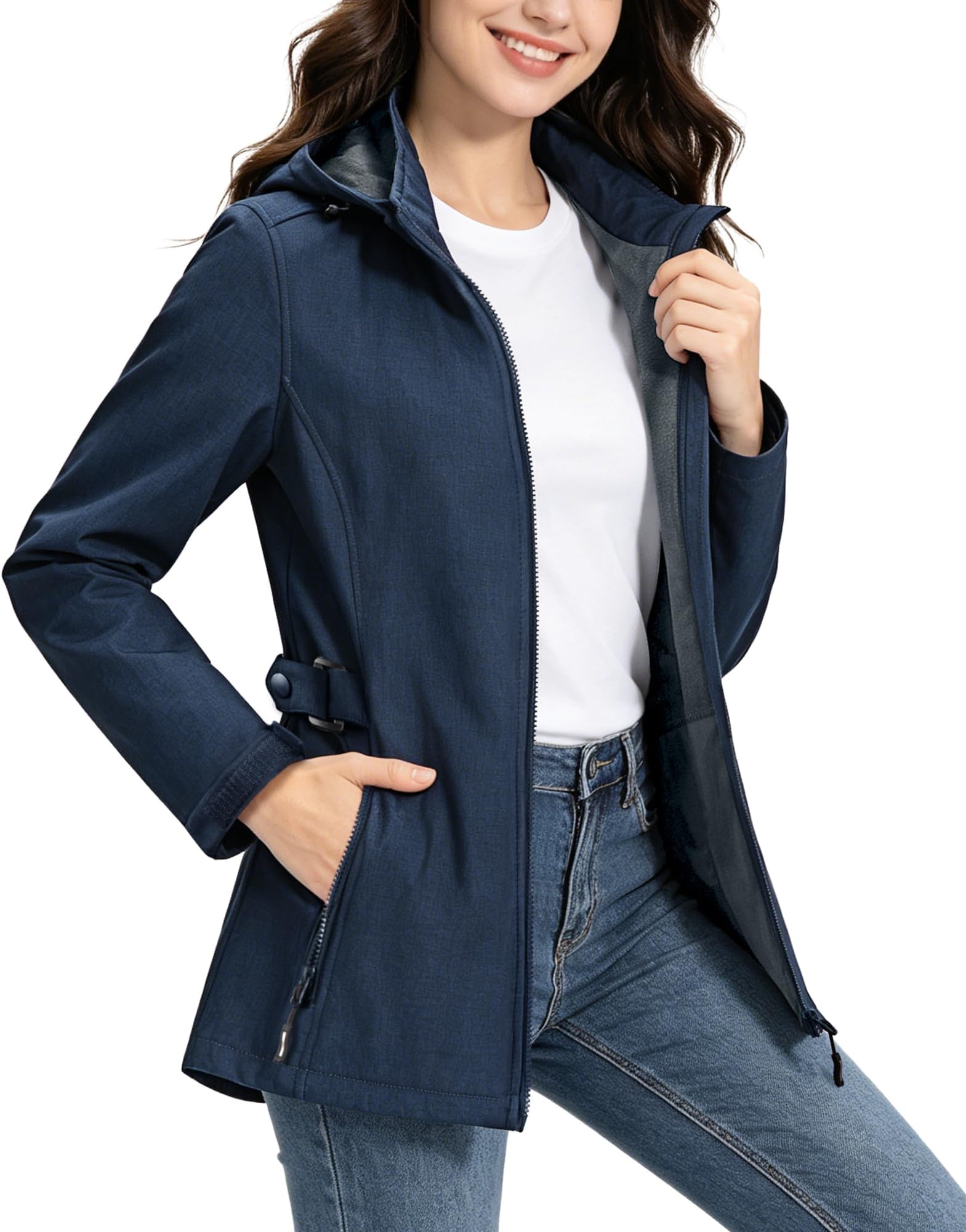 Outdoor Ventures Women's Softshell Jacket with Removable Hood, Insulated Windbreaker Waterproof Warm Fleece Lined Coat