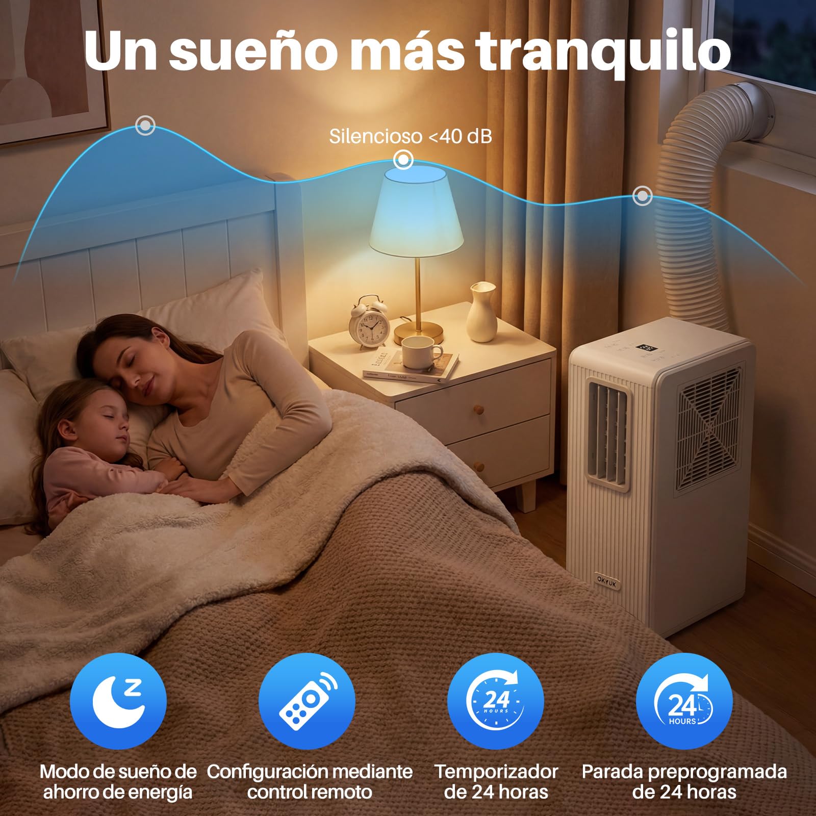 OKYUK Climatiseur Mobile, 200 W à économie d'énergie, réfrigérant écologique R290, 3 en 1 : climatiseur, déshumidificateur, ventilateur, ventilation, avec tuyau d'évacuation. (Blanc)