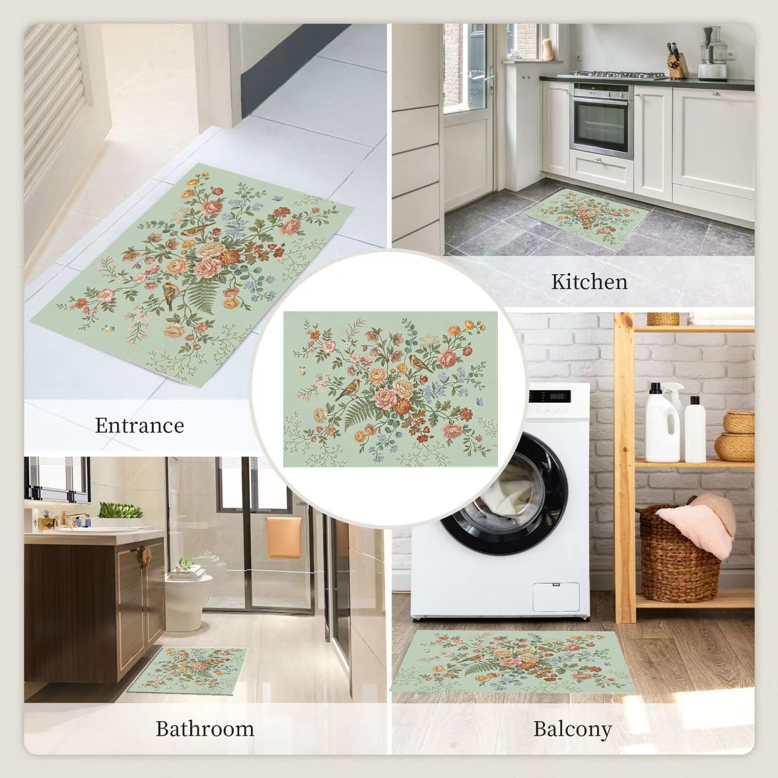 Felpudo Ultrafino Para Interiores,80X120Cm,Flores Orientales Sencillas Pájaros Alfombra Antideslizante Lavable Para Entrada,Plantas Naturales Retro Felpudo De Perfil Bajo,Atrapa Suciedad,Verde Salvia