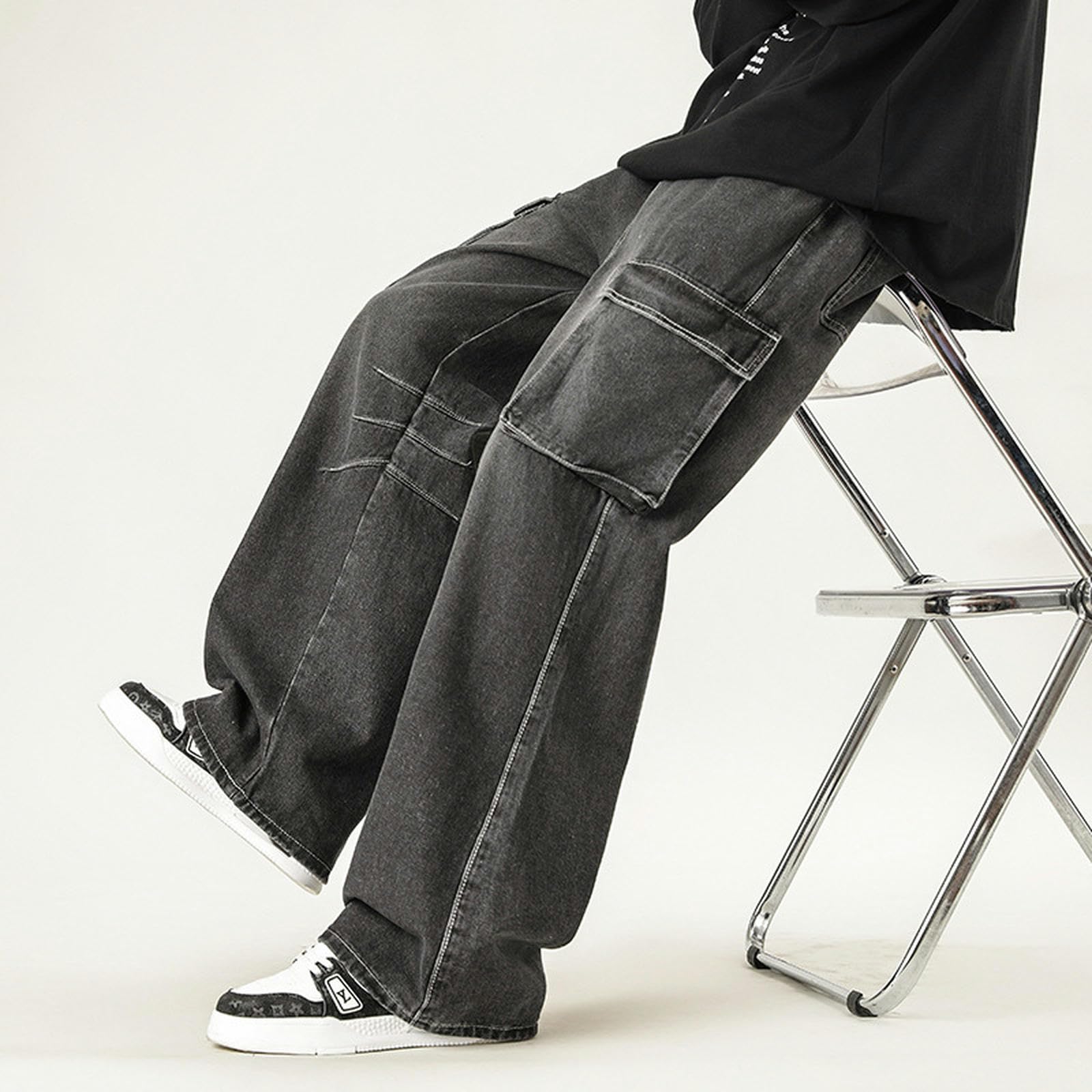 Jeans Uomo Estate Gamba Larga Salopette Larga High Street Multi-Tasche Casual Pantaloni Funzionali - Nero Grigio - M