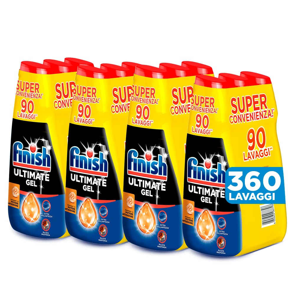 Finish Ultimate Gel, 4 confezioni di Tripacco Gel Detersivo Lavastoviglie, 360 lavaggi, 540 ml, Antiodore, Extra Potere Sgrassante, Extra Brillantezza, Pulizia Profonda