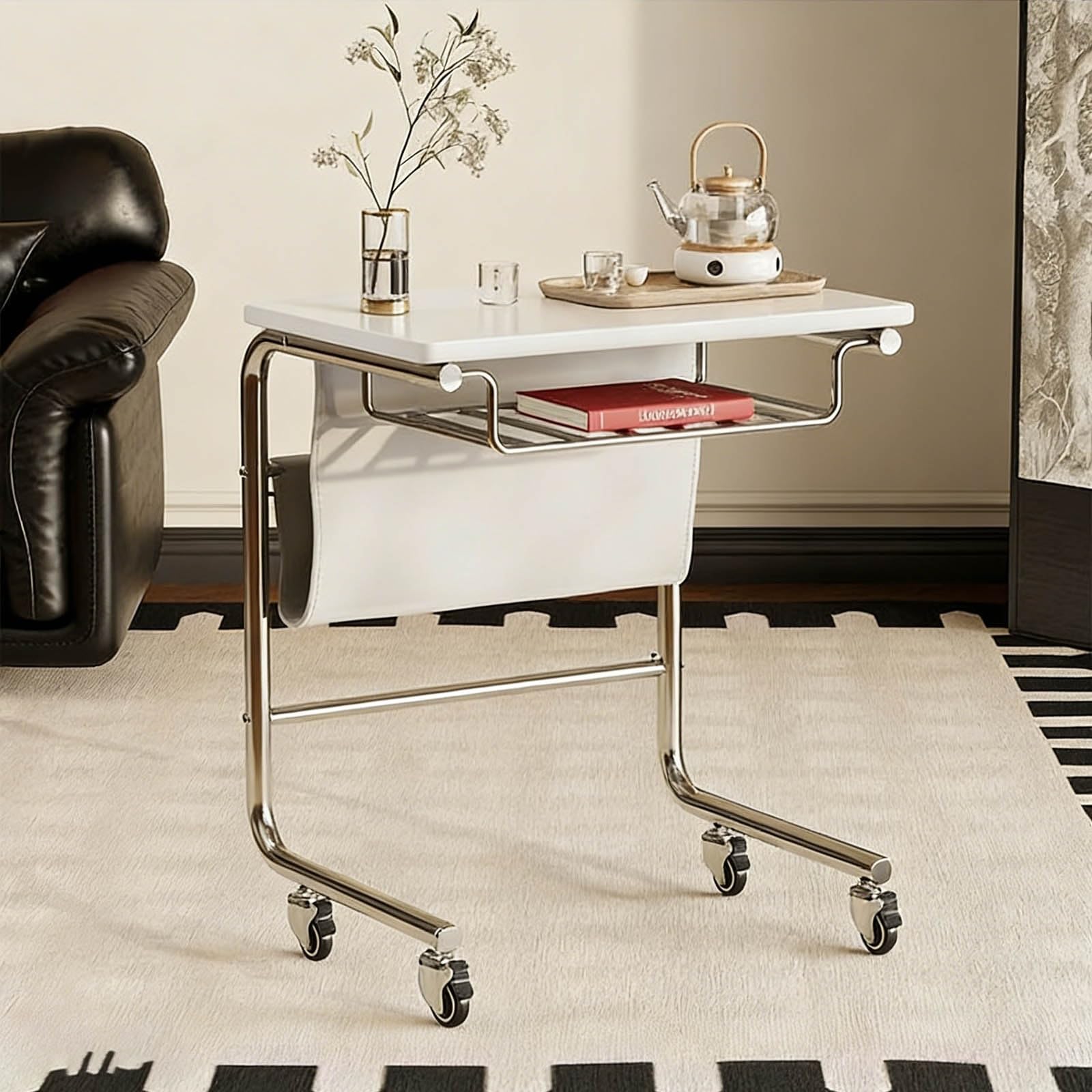 C Shaped End Table Movable Coffee Table With Storage Minimalist Modern Nightstand C Shape Laptop Recliner Tables With Lockable Casters For Living Room Bedroom Balcony Office(White A)