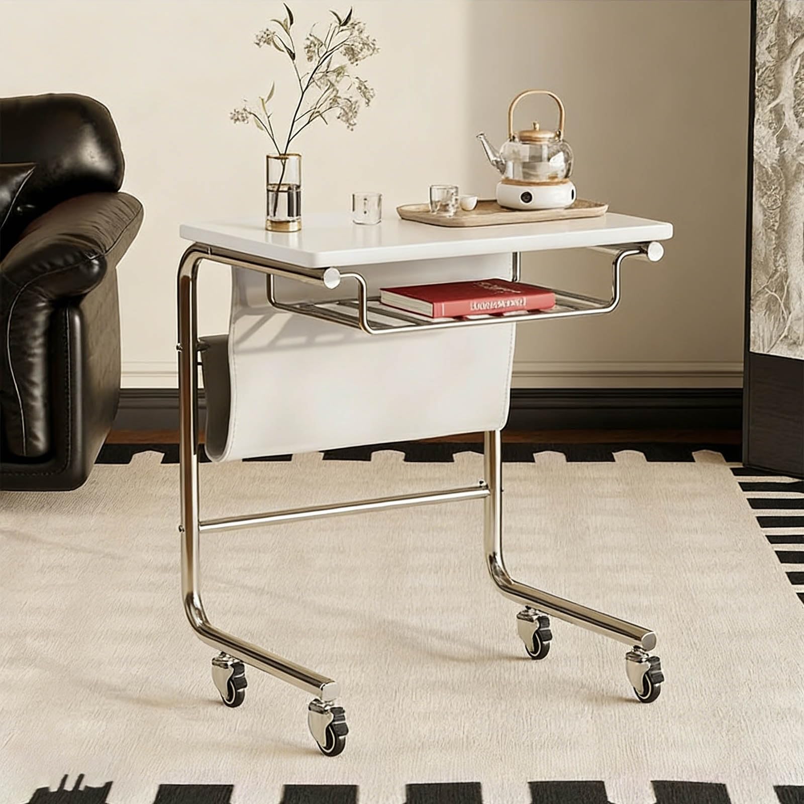 C Shaped End Table Movable Coffee Table With Storage Minimalist Modern Nightstand C Shape Laptop Recliner Tables With Lockable Casters For Living Room Bedroom Balcony Office(White A)