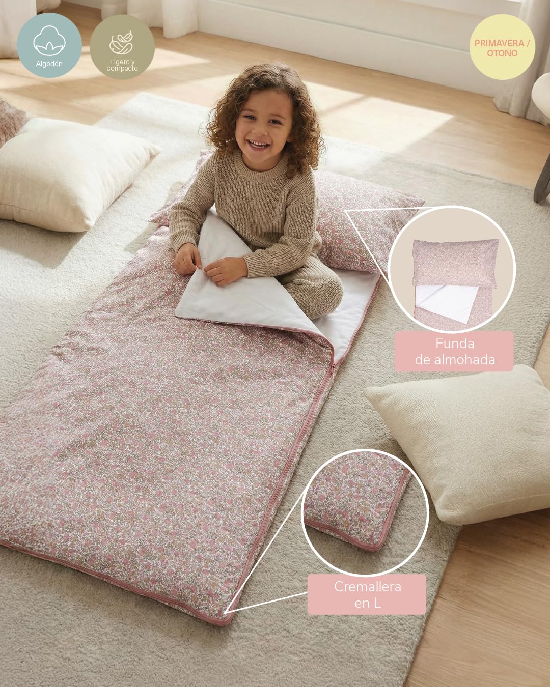 molis&co - Saco de Dormir Infantil - Saco Edredón Relleno Nórdico - Ideal para Primavera y Otoño - Juego de Manta 140x70cm con Almohada 60x40cm - 100% algodón