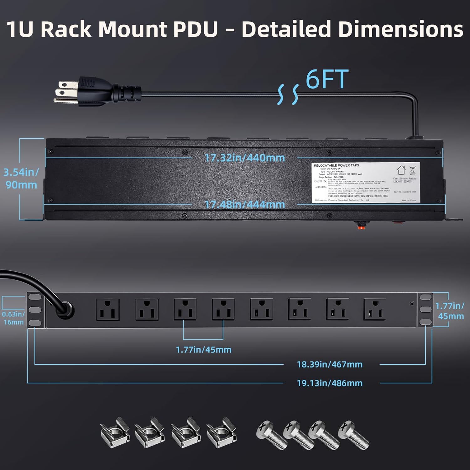 8-Outlet 1U Rack Mount PDU Power Strip, 6ft Cord 14AWG Cord, 2000J Surge Protection – for 19-Inch Network Server Racks