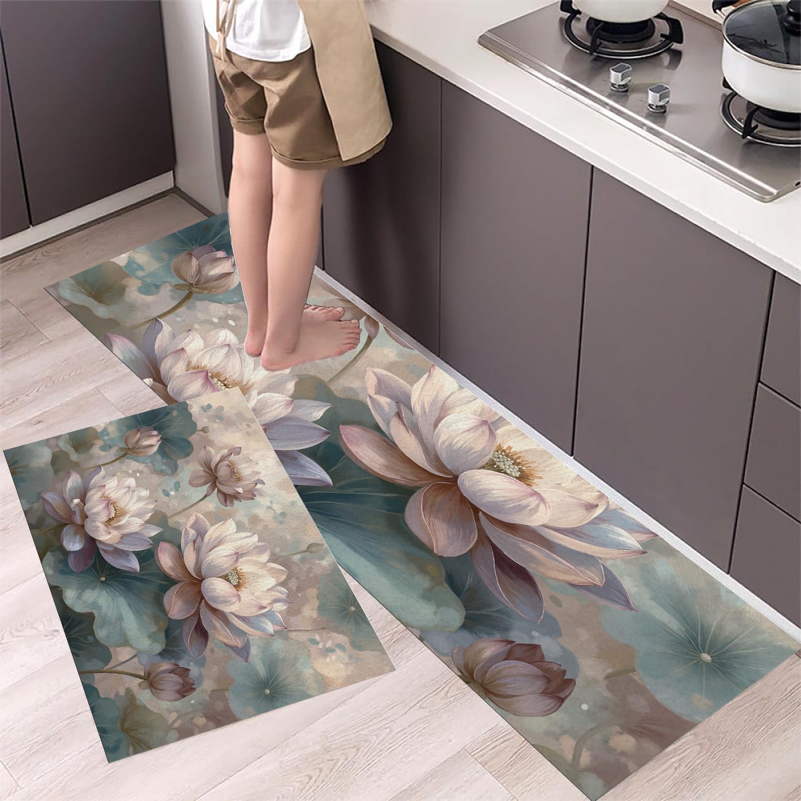 Alfombras y tapetes de cocina lavables estilo loto rosa para pasillo y hogar