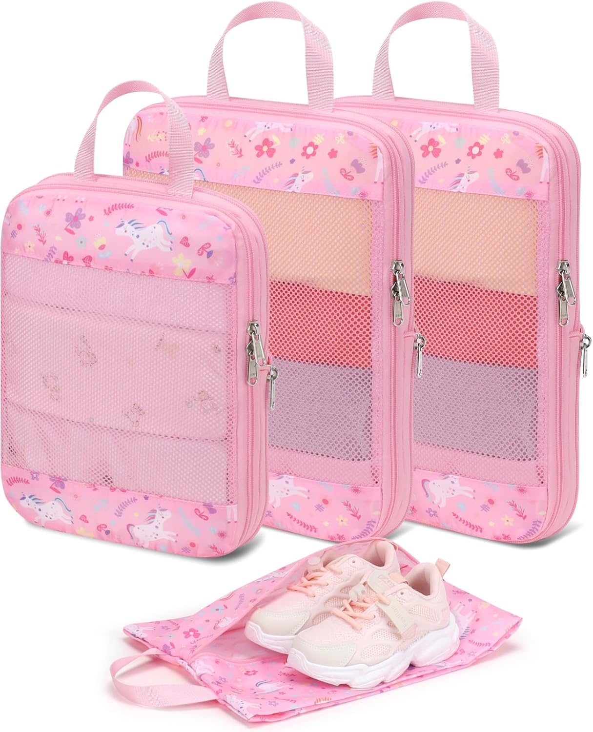 Kids Compression Packing Cubes, 4 Piece Set for Carry On Suitcase, Water Resistant Travel Luggage Organizers with Shoe Bag, Toddler Backpack Essentials (Pink Unicorn)