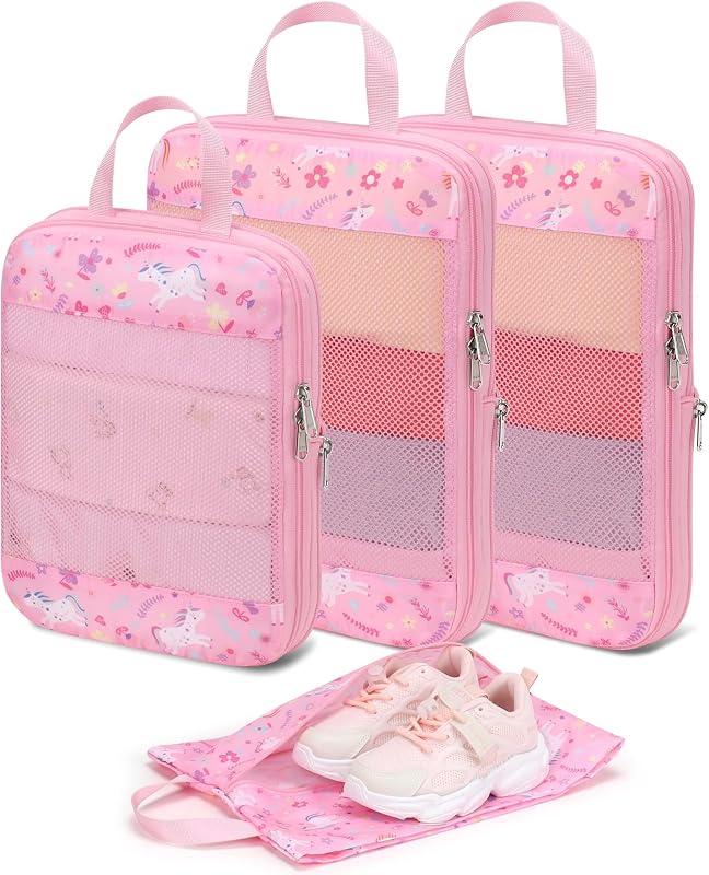 Cubos de compresión para niños - Juegos de viaje de 4 piezas, unicornio rosa | Juego de 4 piezas resistente al agua con bolsa para zapatos, juego organizador de valija para niños pequeños, almacenamiento ampliable para equipaje