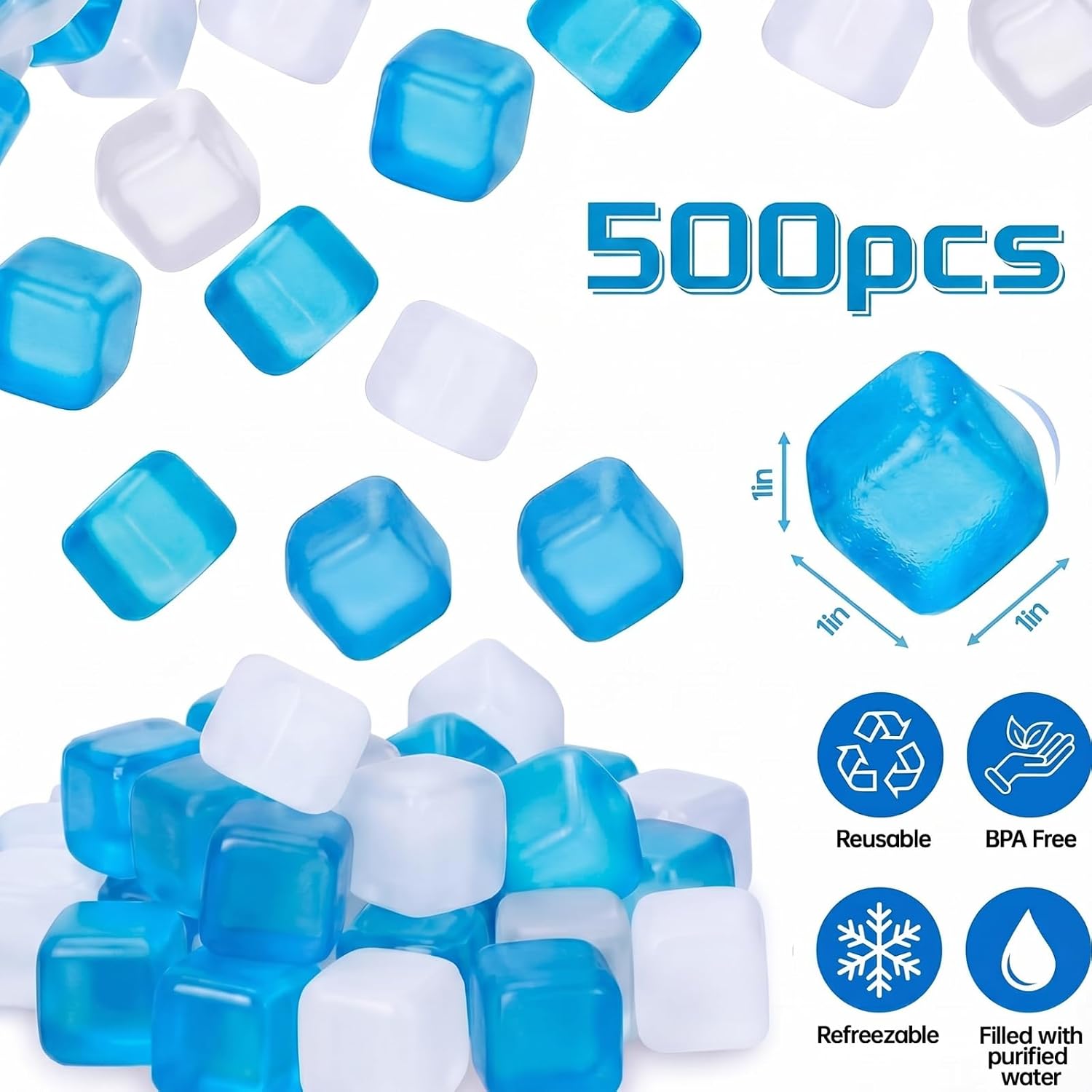 500 Pcs Reusable Ice Cubes for Cooler Bulk Refreezable Plastic Square Ice Cubes Without Diluting Large Frozen for Cooler Accessories Bars Drinks Camping Party (Blue and White)
