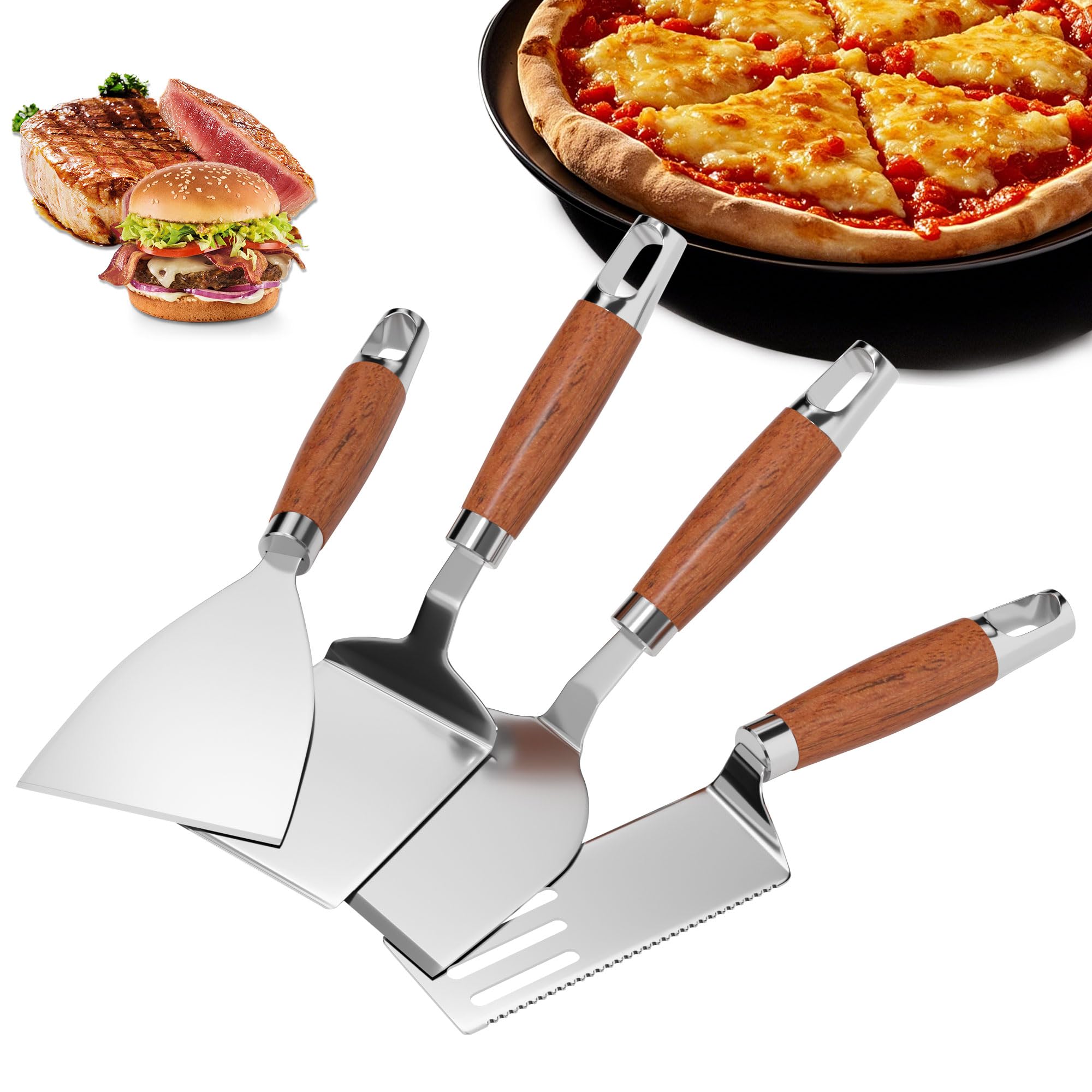 Gimars Set di 4 Spatole Professionali per Barbecue,Palette e Raschietto in Acciaio Inossidabile per Piastra Plancha,Accessori Teppanyaki Smash Burger Kit,Utensili per Griglia Barbecue Pizza