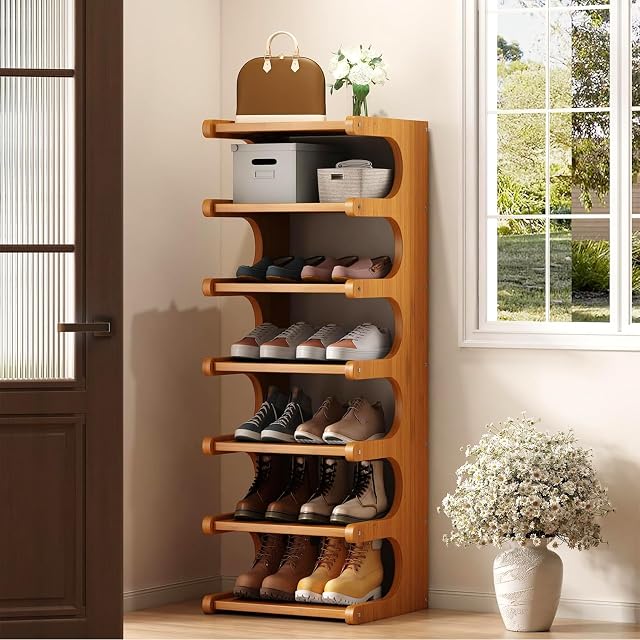 7-Tier Porte-chaussures verticales, étagère de porte-chaussure sans bambou, étrier de rangement des chaussures, Tour de chaussures d'entrée, Organisateur de chaussures verticales pour le placard étroit, Entrée, Hallway