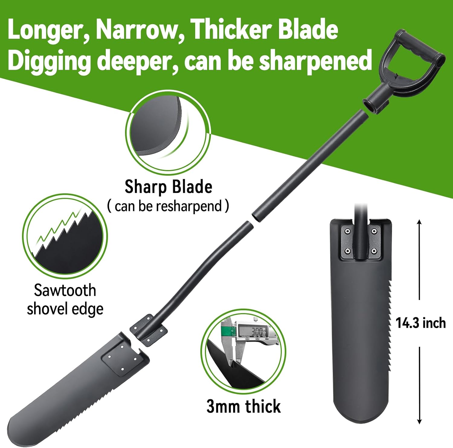 Spade Shovel,15 inch Long Narrow Spade, Heavy Duty Garden Trench Shovel for Digging,Trenching, Planting,Scraping, Edging with Cutting Blade, D Handle, Foot Rest Pedal, 45 Inches Drain Spade