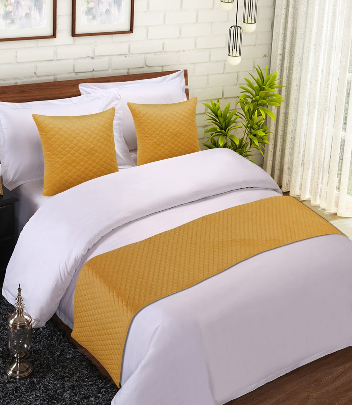 MKS INDIA Yellow and Velvet Quilted Bed Runner Scarf with 2 Matching Cushion Covers, Slipcover Mattress Protector, Bed Linen Scarf for Bedrooms, Hotel Rooms, Guest Rooms (18 x 96 inch)-picture-30
