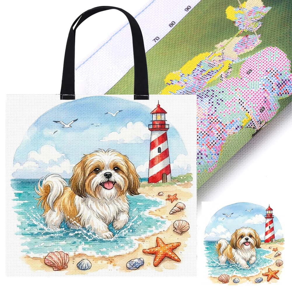 Poetrydraw Shih Tzu 11Ct 3 Strands Diy Stamped Canvas Bag Cross Stitch Kits For Beginners Adults Shopping Cross Stitch Art And Crafts Kits 40X40cm (Shih Tzu)