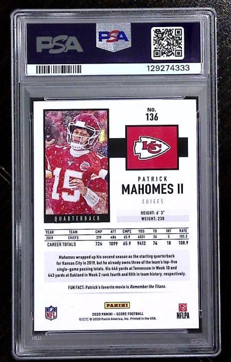 2020 Score Scorecard #136 Patrick Mahomes II Kansas City Chiefs Graded PSA 9 (MINT) Football Trading Card
