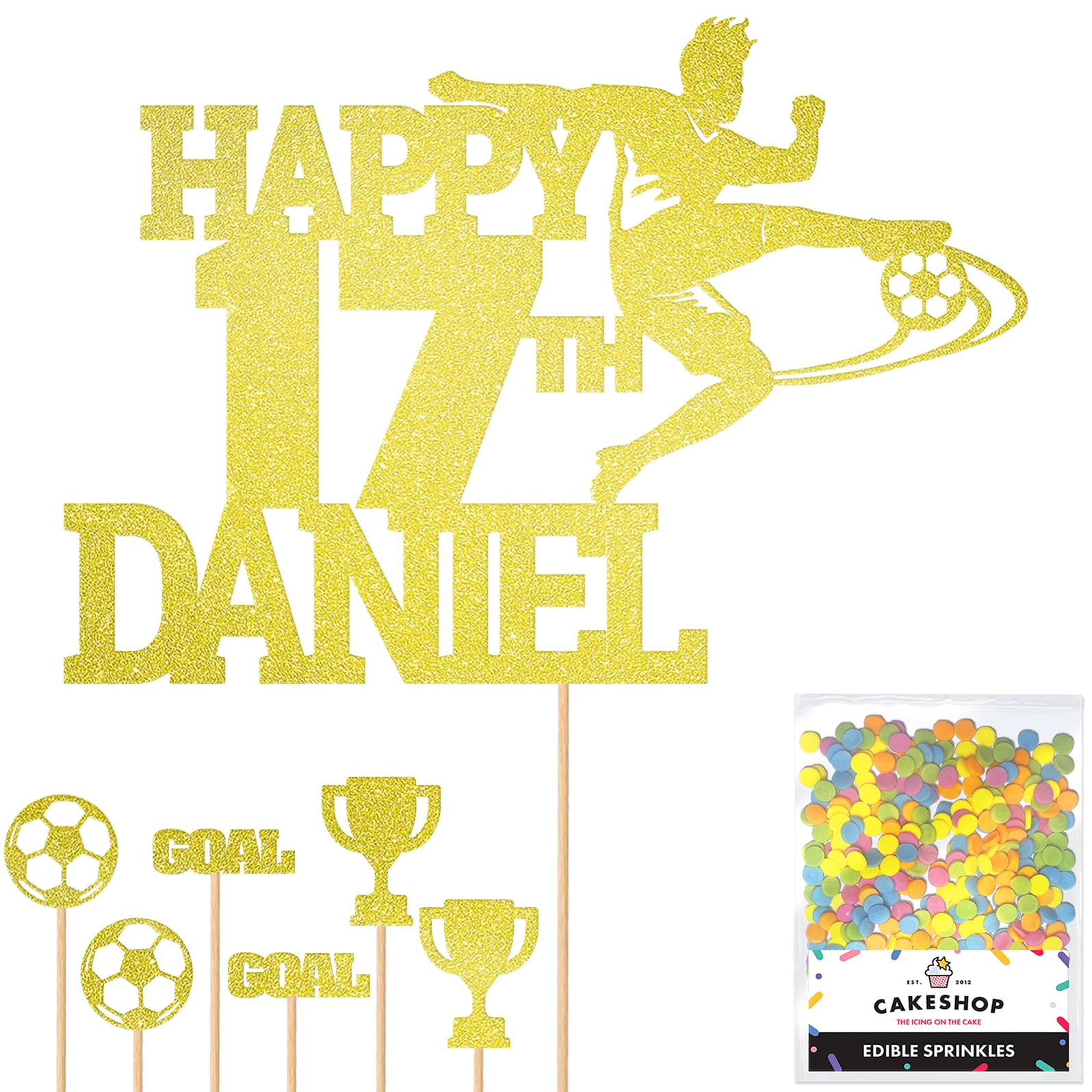 Personalised Birthday Football Footballer Cake Topper- Champagne Any Name & Age Glitter Cake Decoration and Sprinkles - Happy Birthday Decorations - Personalised Toppers for Cakes by Cakeshop