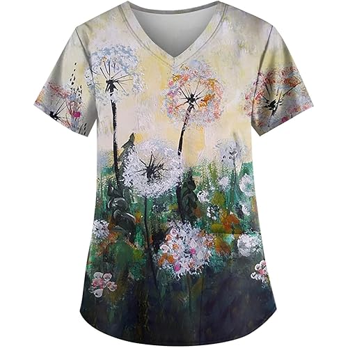 Floral Scrub Tops Women Printed Plus Size Stretchy Short Sleeve V Neck Nurse Shirts with Pockets (S-5xl)