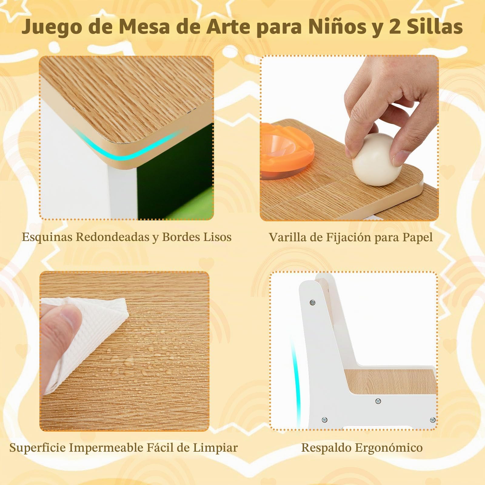 LIFEZEAL Juego de Mesa y Silla Infantil, Pupitre y Caballete 2 en 1, Mesa de Actividades con 6 Cajas de Almacenamiento y 5 Tazas de Pintura, Set de Asientos para Niños con Rollo de Papel (Natural)