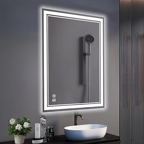 Espejo LED de baño con luces de 24 x 36 pulgadas, antiniebla, regulable, 3 colores frontal y retroiluminado, espejo LED para baño, espejo iluminado