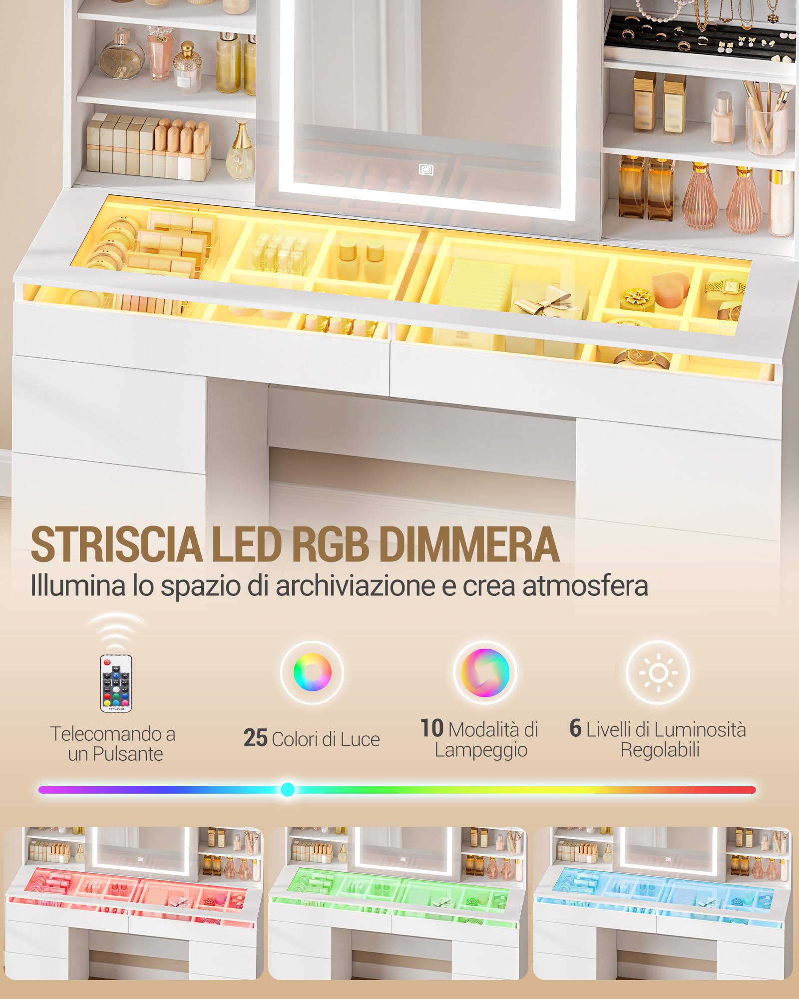 Hzuaneri 108 cm Toeletta Trucco, Postazione Trucco con Piano in Vetro, Striscia Luminosa RGB, 8 Cassetti, 9 Scaffali a Giorno, Deposito Gioielli, per Camera da Letto, Bianco 1180203XEU