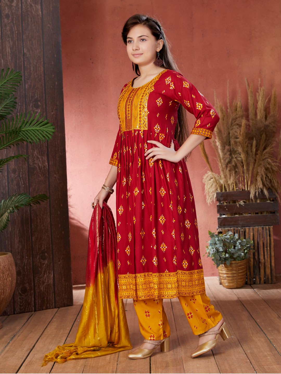 Aarika Girls Ethnic Wear Maroon Colour Foil Print Sequin Rayon Kurti (9-16 Years)