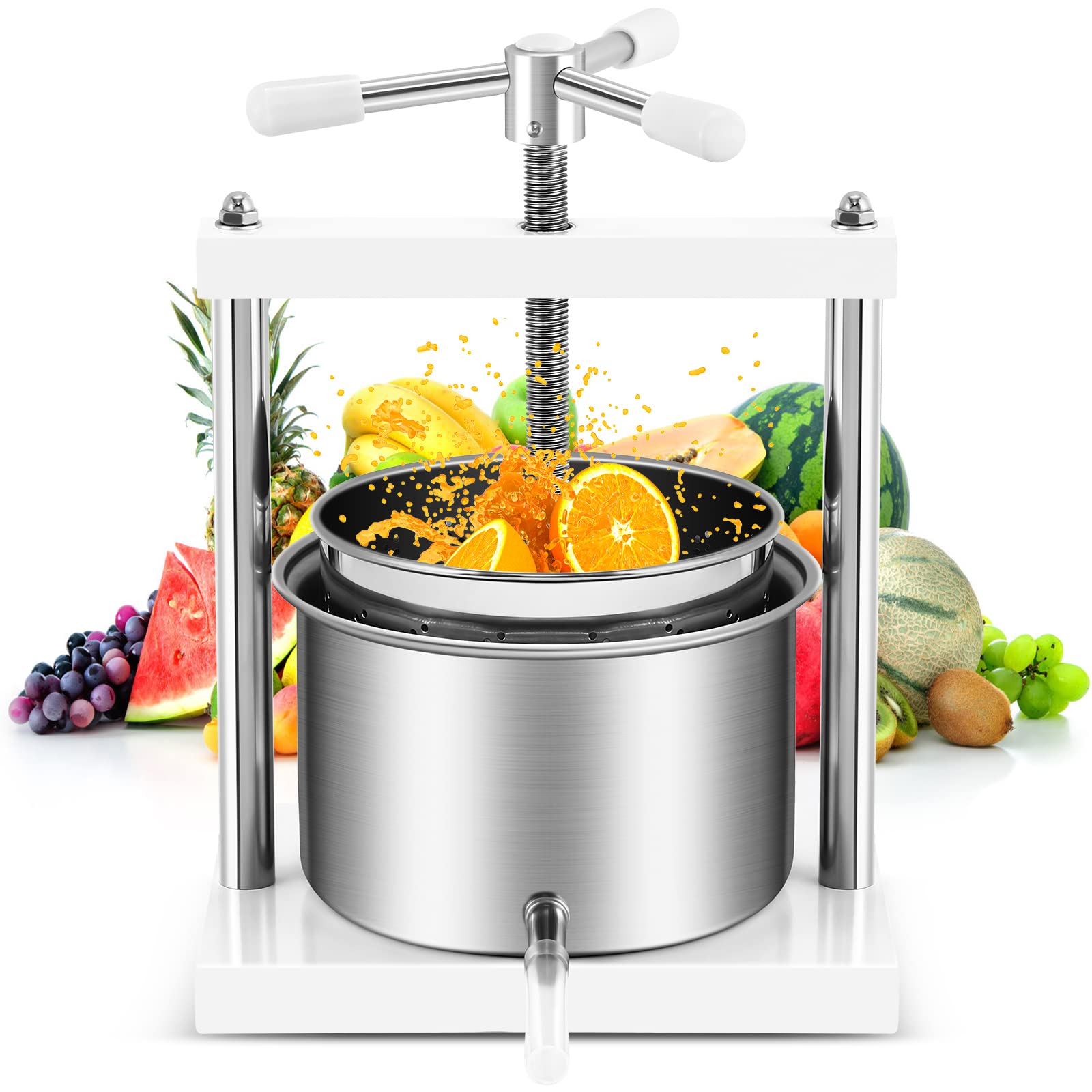 Aufun prensa de frutas 5L cesta de acero inoxidable, prensa de frutas prensa de vino 430 de acero, prensado de uvas, frutas, carne, hierbas, grasa, queso vegetal (5L)