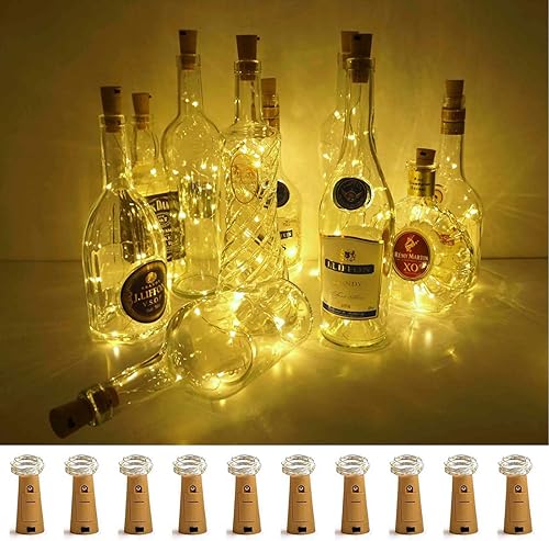LoveNite - Luces para botella de vino con corcho, paquete de 10 luces LED con forma de corcho en forma de corcho de alambre plateado, coloridas para