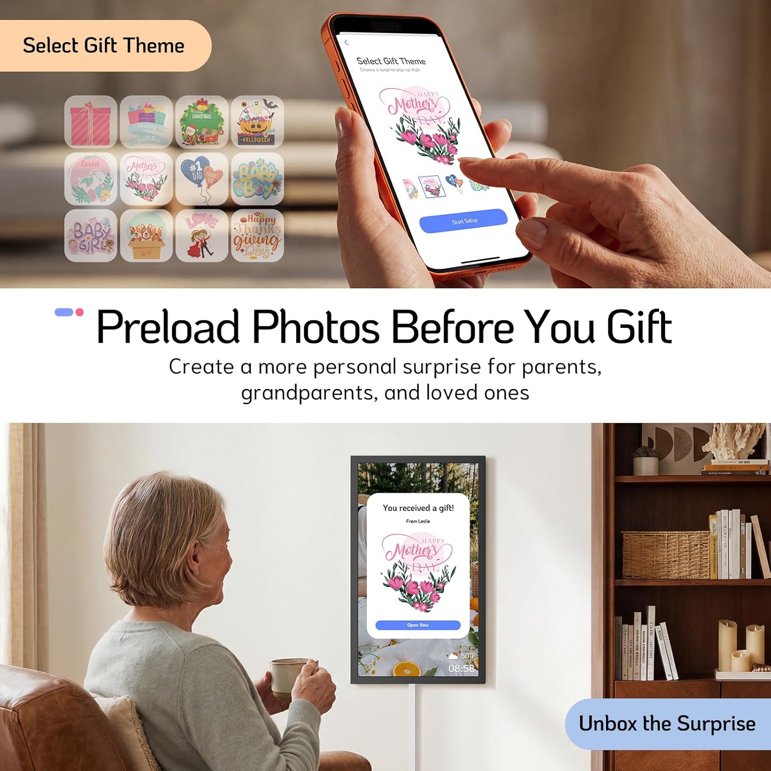 NexFoto 24 Inch Touchscreen Digital Picture Frame Large, WiFi Electronic Photo Frame 64GB, Add Pics from Google Photos, Upload Photos/Videos via App/USB, for Mom/Grandparents, Black