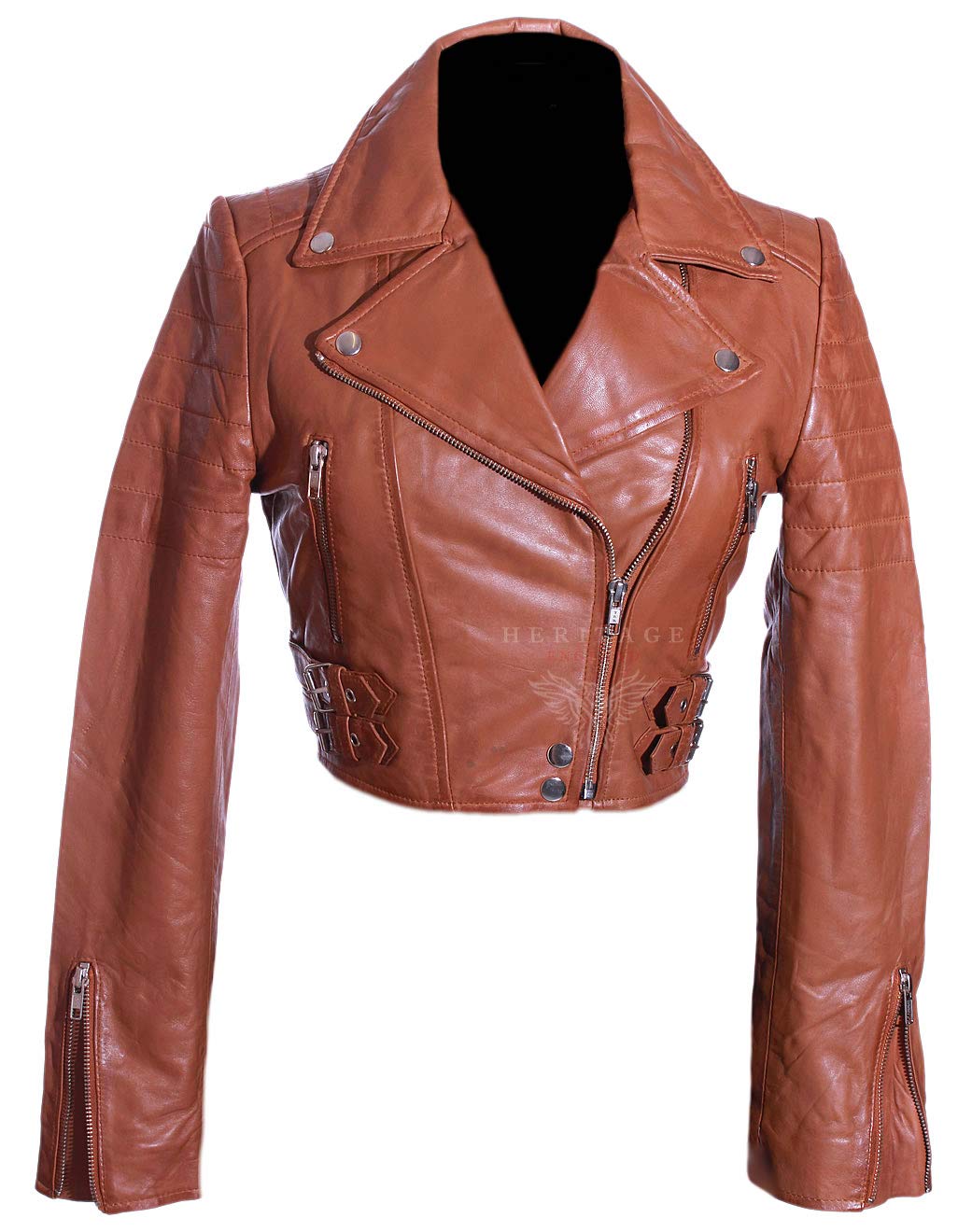 H.e Women's Tan Missy Cropped Biker Style Double Breasted Retro Designer Real Soft Washed Lambskin Leather Fashion Short Jacket (Sizes: 8 To 22 Available) (Size: 12)