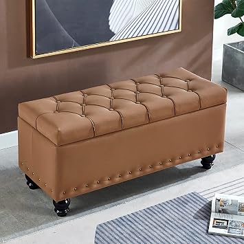Luxurious Storage Ottoman Bench, Bed Bench with Faux Leather End Padded Seat, Premium Decorative Furniture Foot Stool for Sofa Living Room Bedroom - Brown 80x40x45cm 31x16x18inch