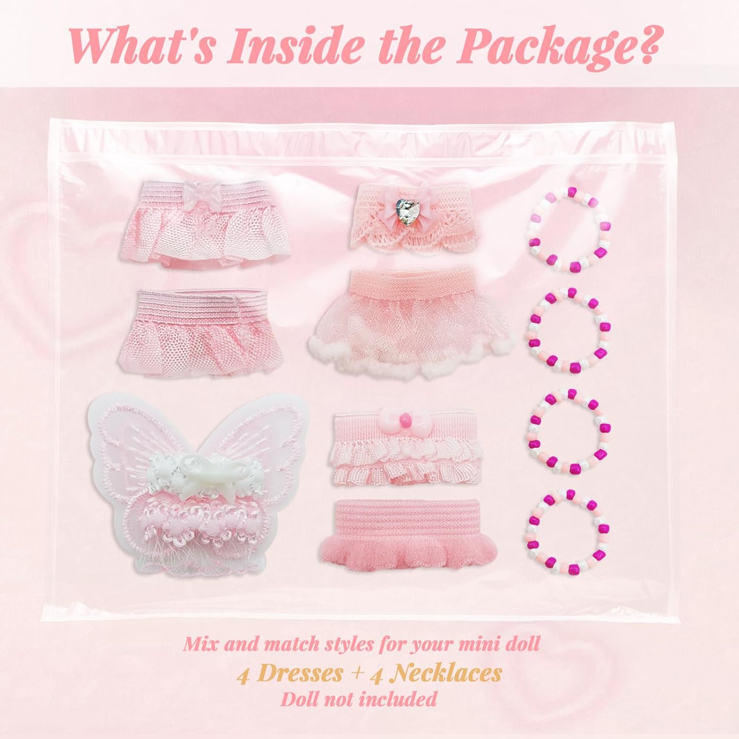 4 Sets Doll Clothes Compatible with Sonny Angel, Pink Clothes Includes Tops Wings Necklace Skirts for Display and Decoration for 3 Inch Collectible Dolls Gift for Adult Collectors