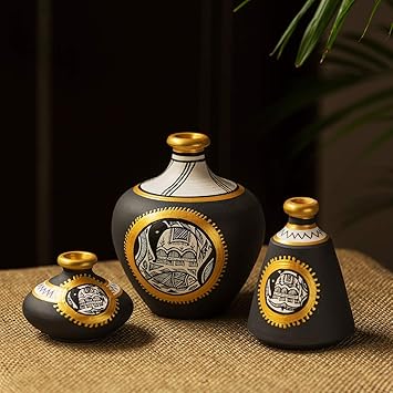 ExclusiveLane Terracotta Pots Flower Vases for Living Room Terracotta Decorative for Home & Decorative Vase for Home Decor (13.4 cm x 13.4 cm x 14.9 cm, Jet Black, Golden & White)