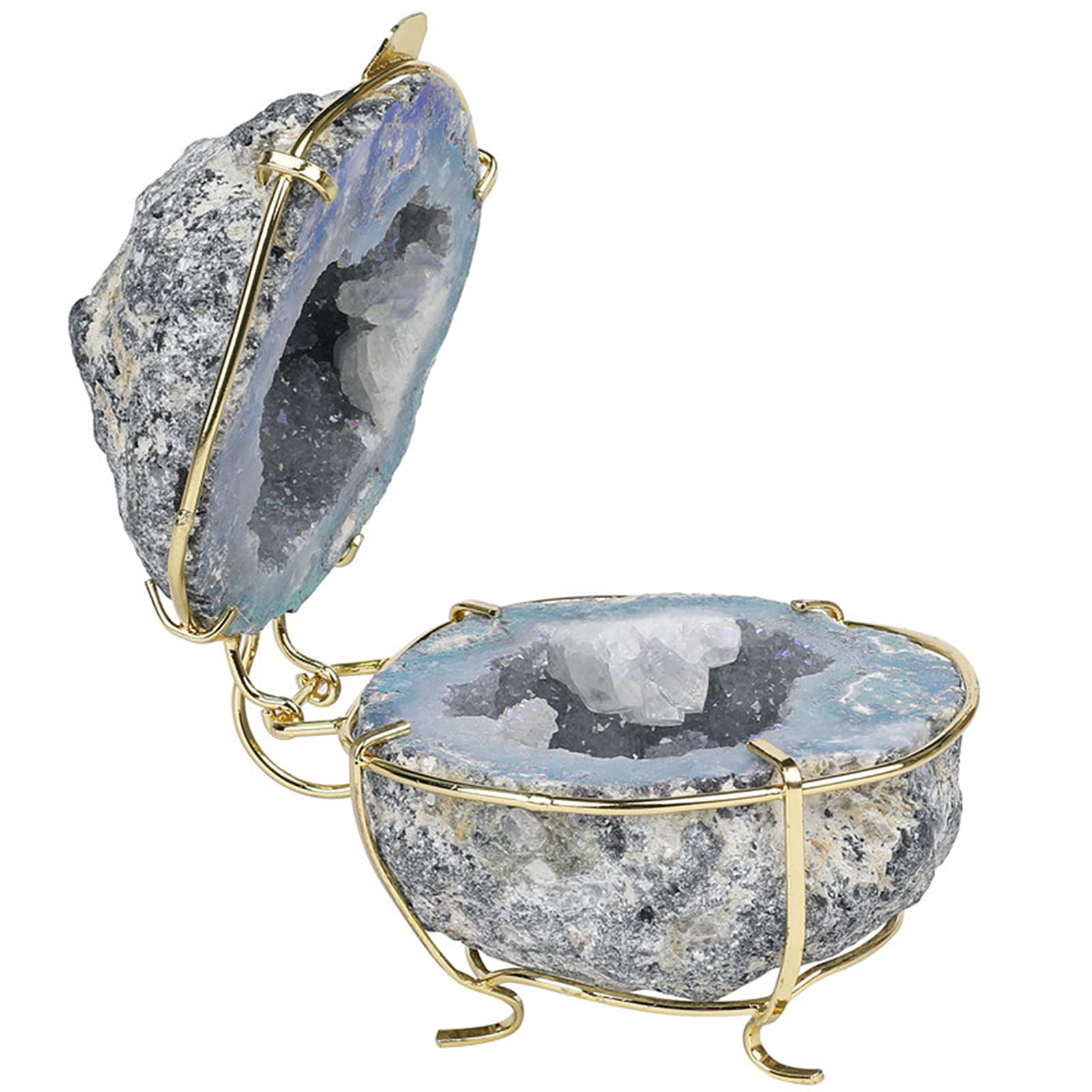 ZXYWWCrystal Geode Round Ring Box 100% Natural Crystal Agate Cluster,  Titanium Coated Quartz Ring Holder for Women Girls Holiday Gifts