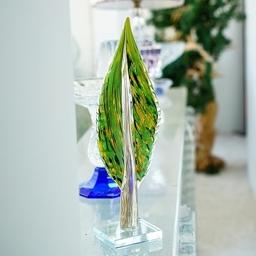 Miniatura 7 de QFkris Escultura de hoja de árbol de la vida de vidrio soplado para decoración del hogar, estatua decorativa de vidrio soplado a mano de 16 pulgadas