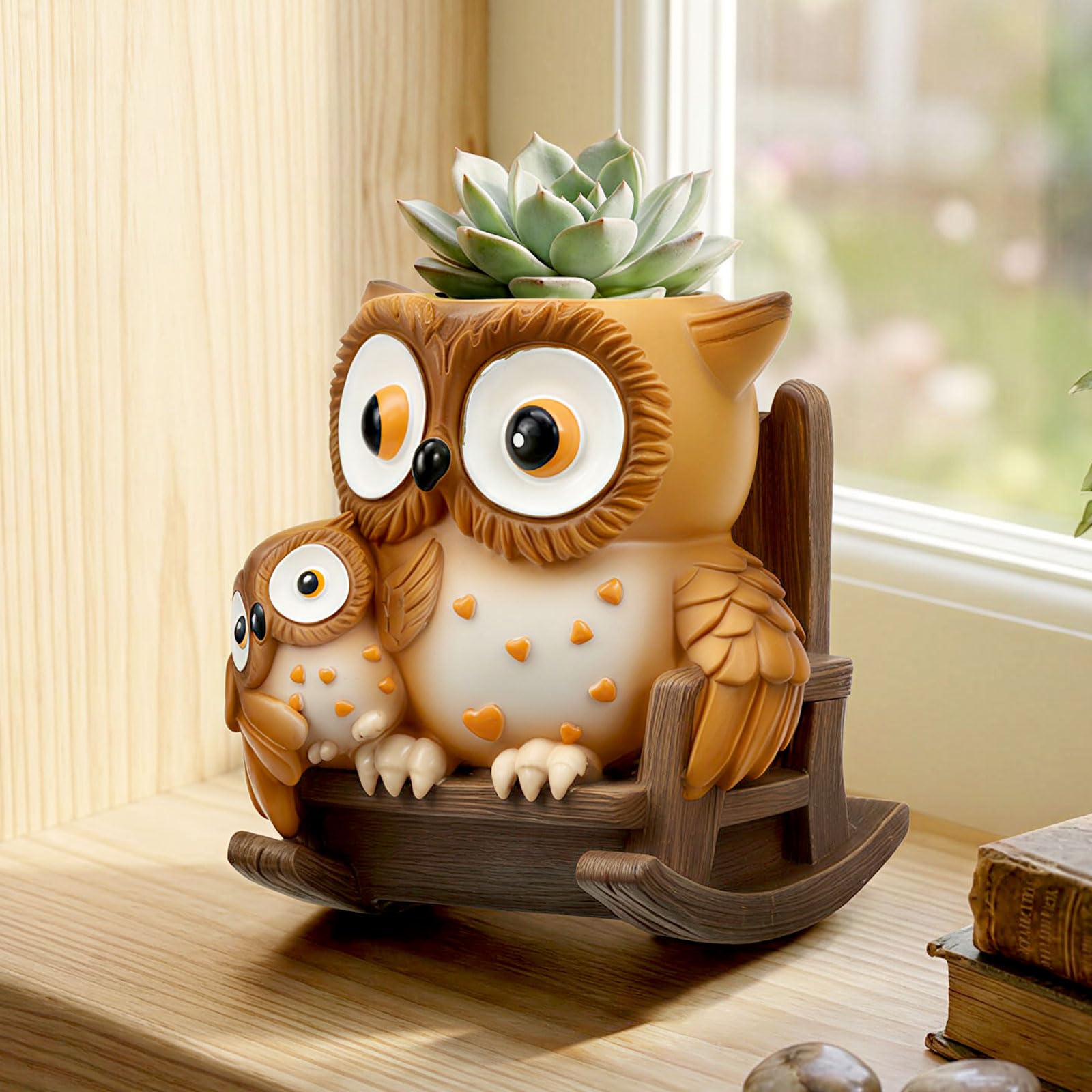 shaojian Cute Succulent Pots Unique Small Plant Pots with Drainage Hole, Rocking Chair Planter for Outdoor Indoor Plants, Resin Flower Pot for String of Pearls Succulent Cactus(Brown Owl & Chair)