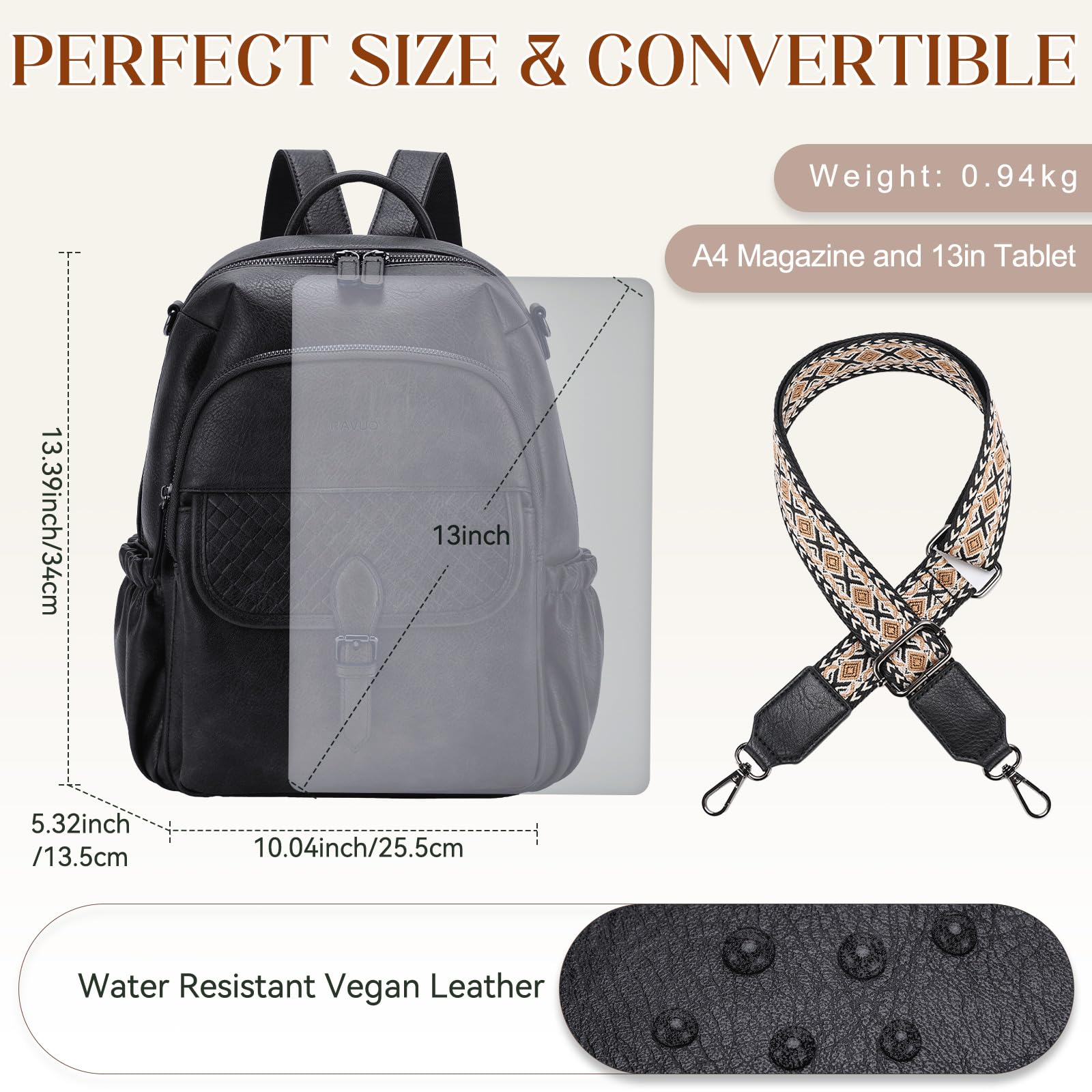 RAVUO Damen Rucksack,Anti Diebstahl Rucksack 2 in 1 Rucksacktasche PU Leder Schultertasche Elegant Cityrucksack Kleine für Reisen,Arbeit,Schule,Schwarz