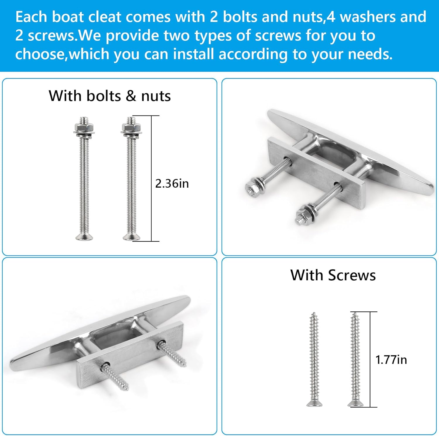 Boat Cleats 4in/5in/6in/8in/10in,316 Stainless Steel Dock Cleats,Open Base Rope Cleats,Cleat for Boat,Boat Dock Cleats for Boat,Yacht,Decks,Nautical Decor,Screws Included(2 Pack/4 Pack)