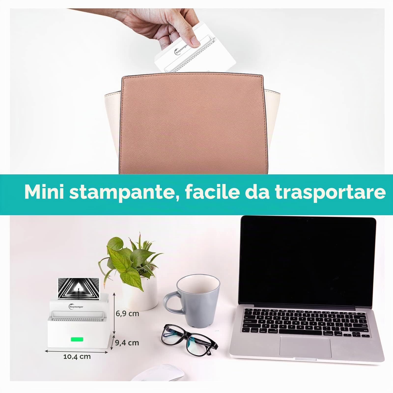 Buyounger Mini Stampante – Stampante Termica Portatile per Smartphone, Bluetooth Mini Stampante Fotografica e per Adesivi, Regalo Creativo per Studenti, Studio, Ufficio & Casa (Carta Termica Inclusa)