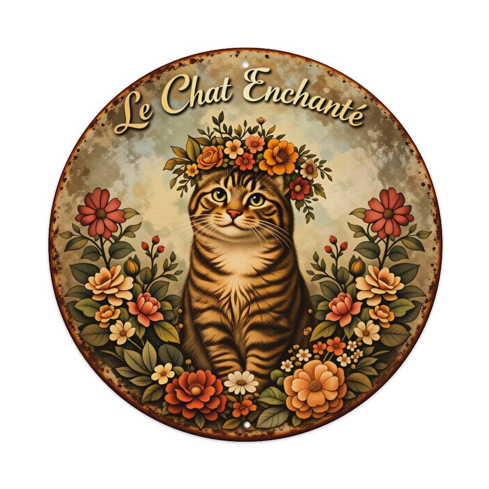 Enchanted Cat Floral Wreath Art Round Tin Sign Vintage Style Metal Sign Home Bar Garden Wall Plaque Decor Metal Poster 8x8 Inch
