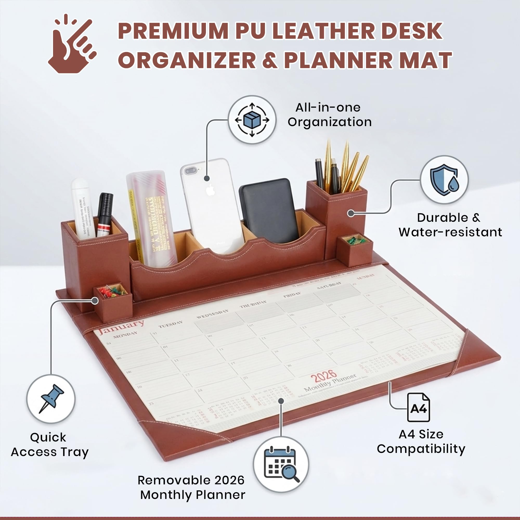 panku® Desk calendar July 2026 to December 2027 Faux Leather Brown Paper/Memo/Phone/Card Holder Desk Table Organizer Office Supply Stationery with Planner Pack of 1 1