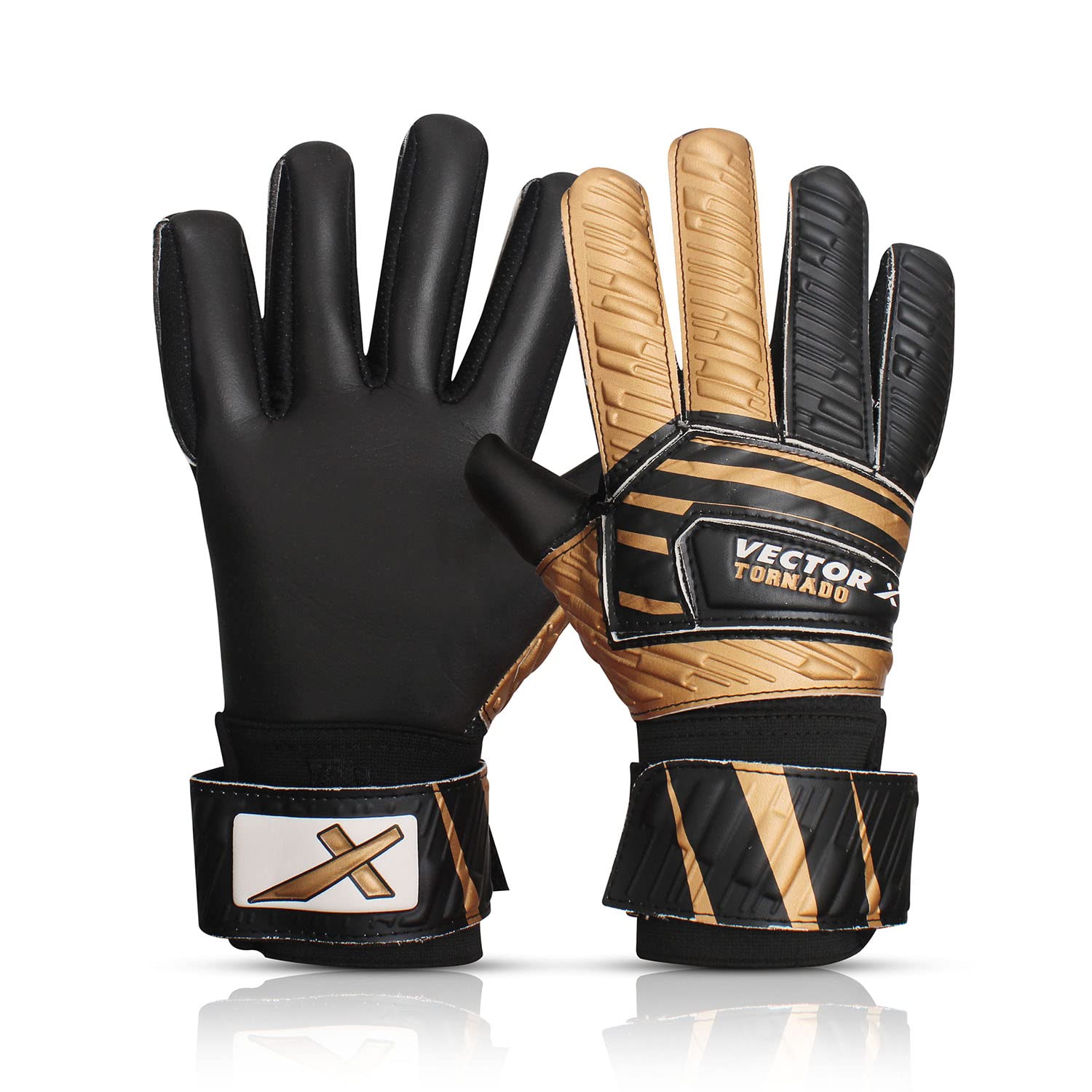 Vector X Tornado Adult Goalkeeper Gloves,Strong Grip for The Toughest Saves,Finger Protect to Give Protection to Prevent Injuries Made with Latex and Foam Use for Football,Color-Black-Gold- Size-10