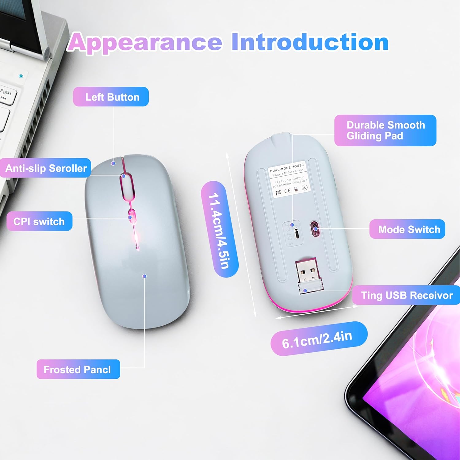 Wireless Bluetooth Mouse Rechargeable Long Lasting Dual Mode - BT 5.2 & 2.4G Silent RGB LED Mice, Slim Portable Ergonomic Mouse for Laptop/PC/Tablet/MacBook/iPad/Apple Devices(Silver) - Image 8