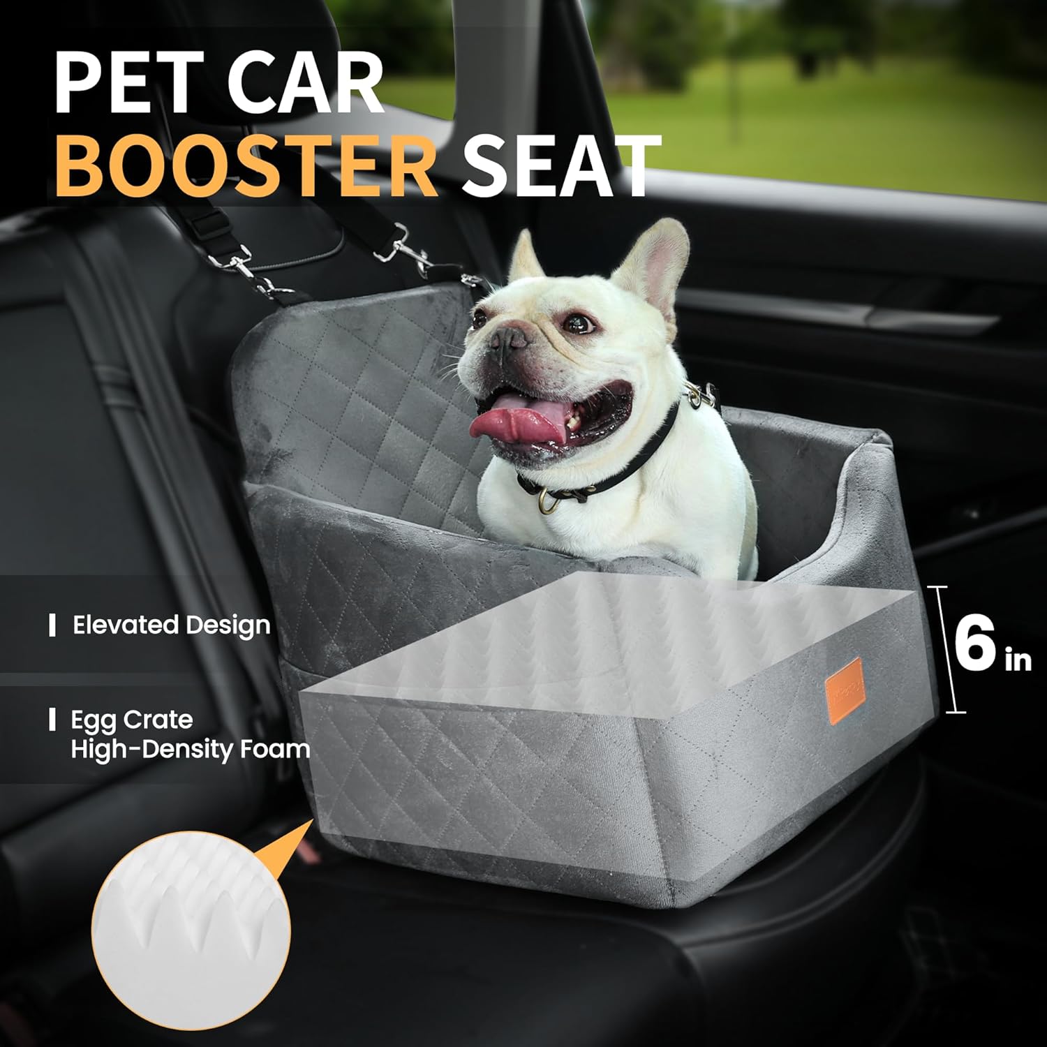 dog car seat for small dog with washable mat, memory foam booster seat for dogs under 30lb, 6" elevated pet seat with pockets, anti-slip bed for car, perfect for front & back seats with safety leash grey medium