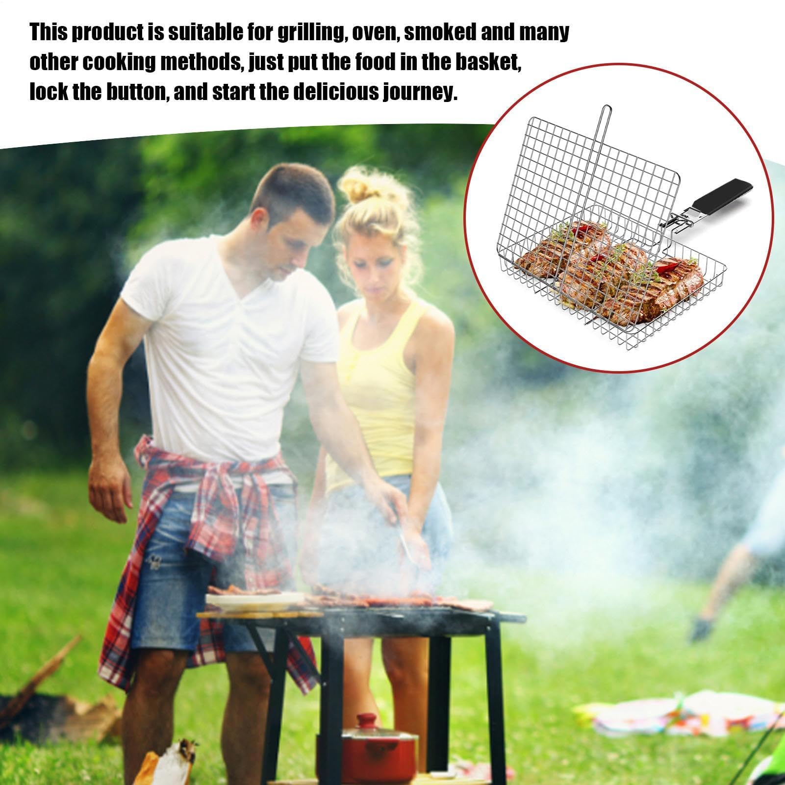 Griglia in acciaio inox – Griglia portatile per barbecue per cucinare all'aperto, grande cestino pieghevole per bistecche, verdure e feste barbecue | e facile da pulire