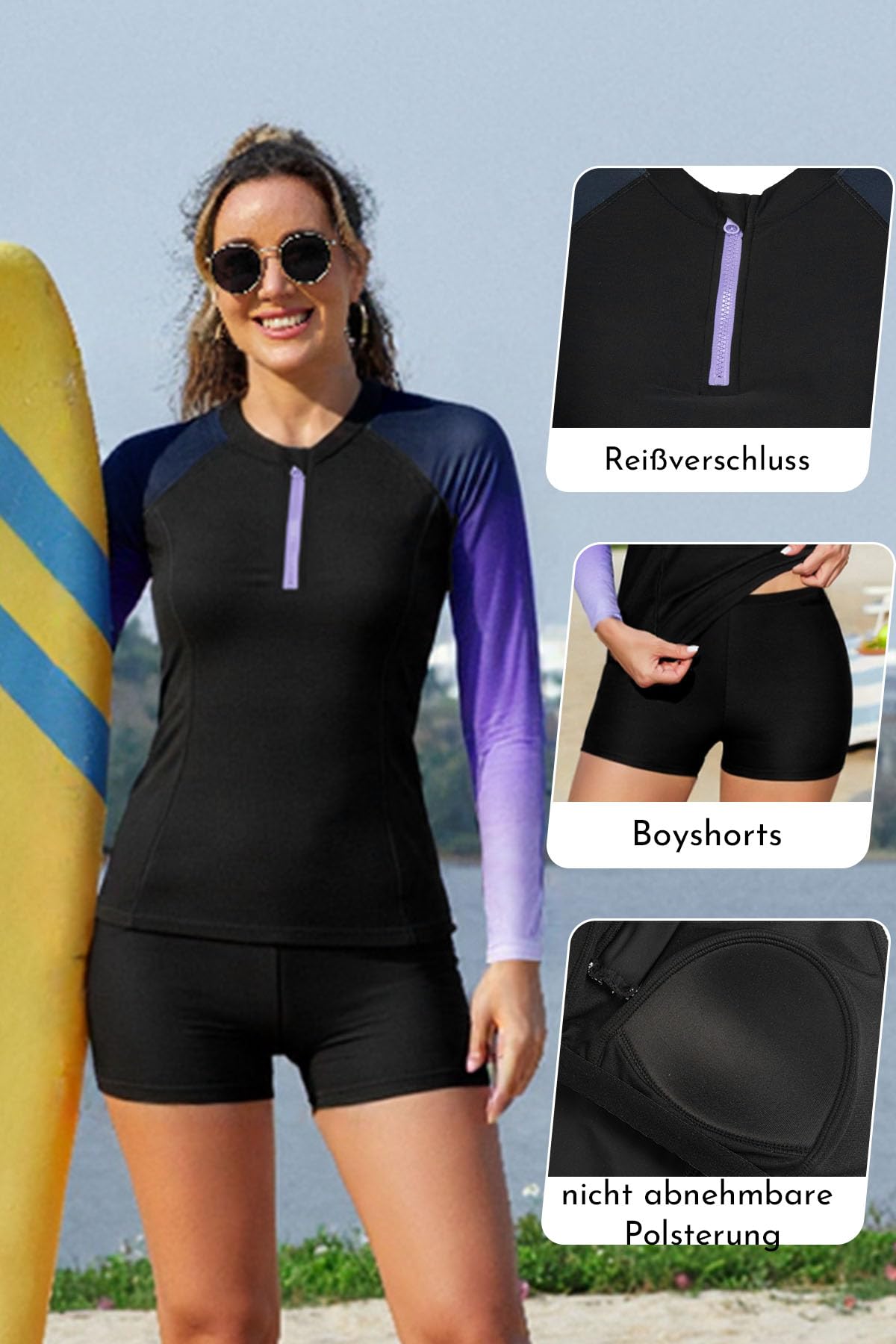 SHEKINI Frauen 2 Stück Langärmel Rash Guard Badeanzug Reißverschluss Schwimmhemd mit Boyshorts
