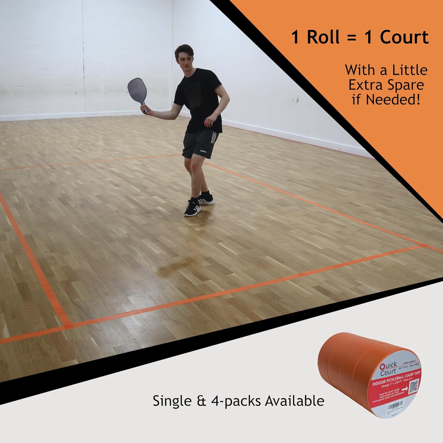 Indoor Pickleball Court Tape - Zero Residue, Long Lasting, 2" x 230FT, Pickleball Court Tape with Instructions Included for Fast Court Marking (1-Pack & 4-Packs)