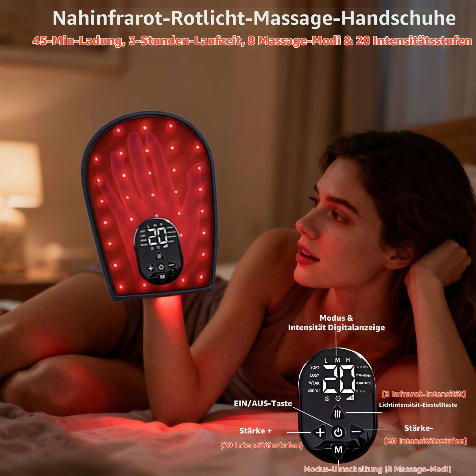 Rotlichttherapie Handschuhe, Kabelloses Infrarot Handmassagegerät mit Wärme