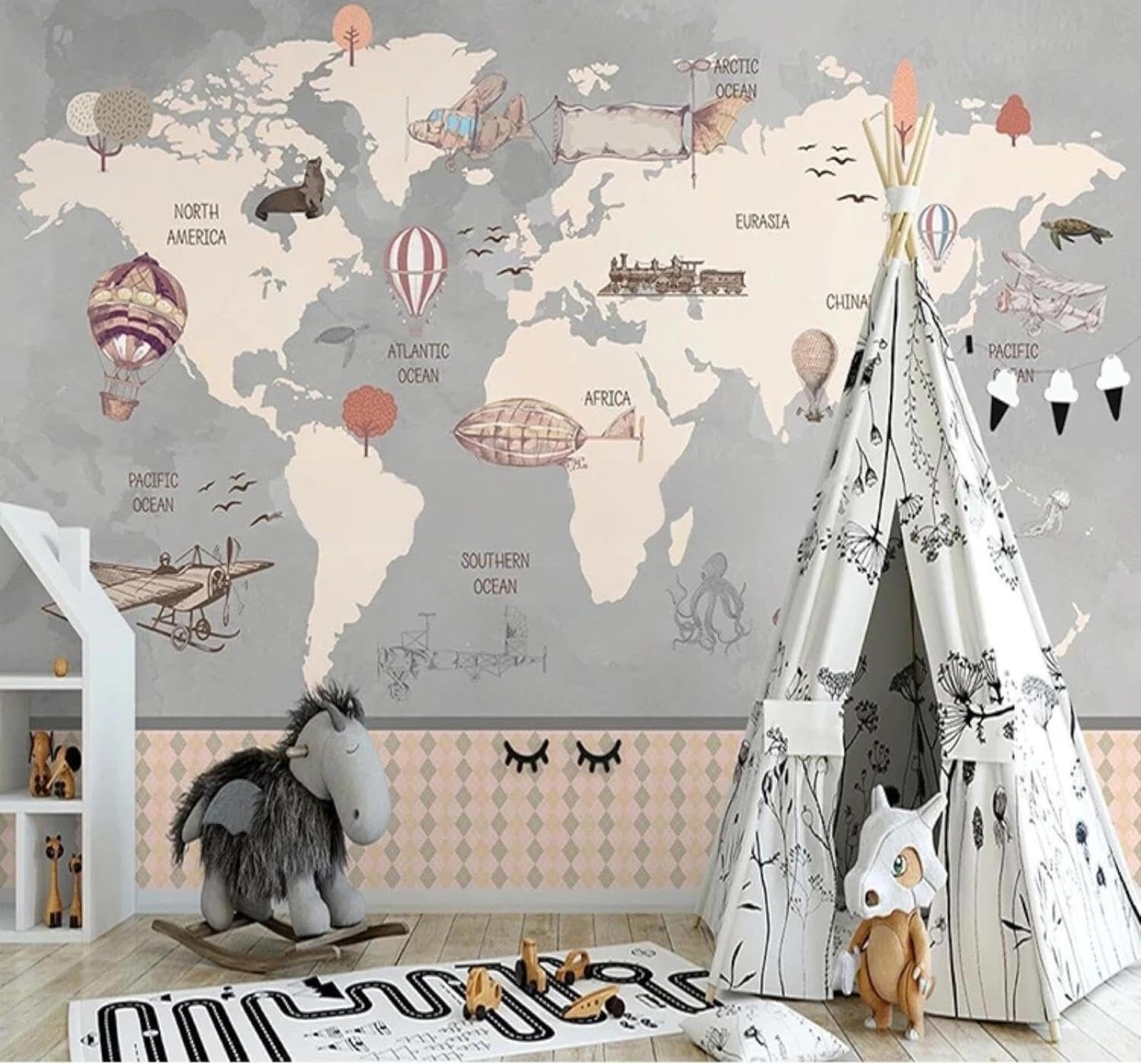 Tzxztt Vintage World Map Hand Drawn Aeroplane Hot Air Balloon Modern 3D Wallpaper Premium Textured Silk Neutral Tones Material Ideal for Living Room Bedroom-400cm×280cm
